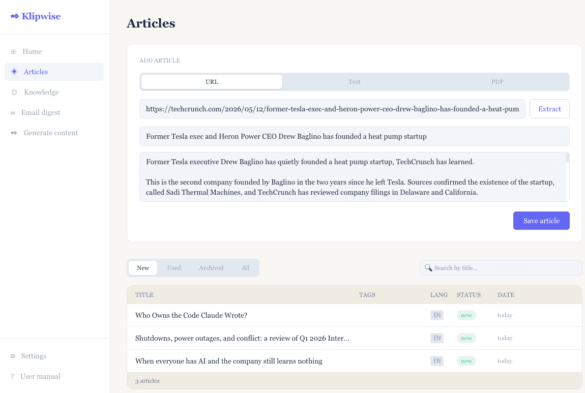 Klipwise Articles — save and organise your reading