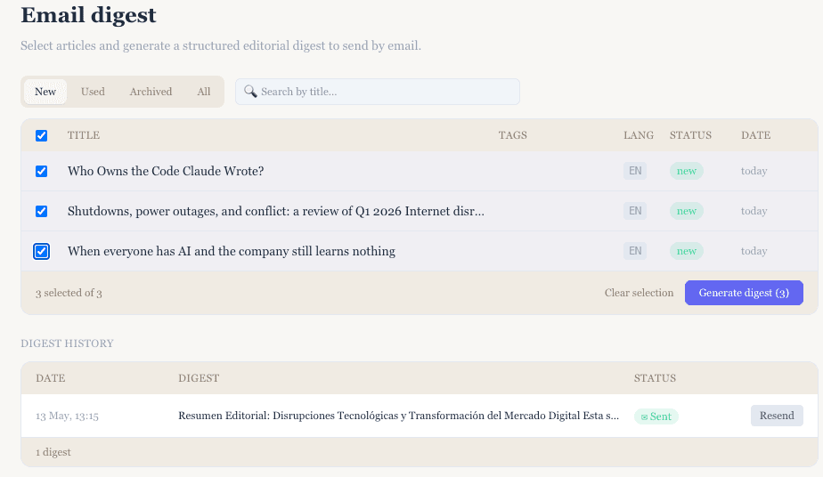 Klipwise Email digest — generate and send editorial digests